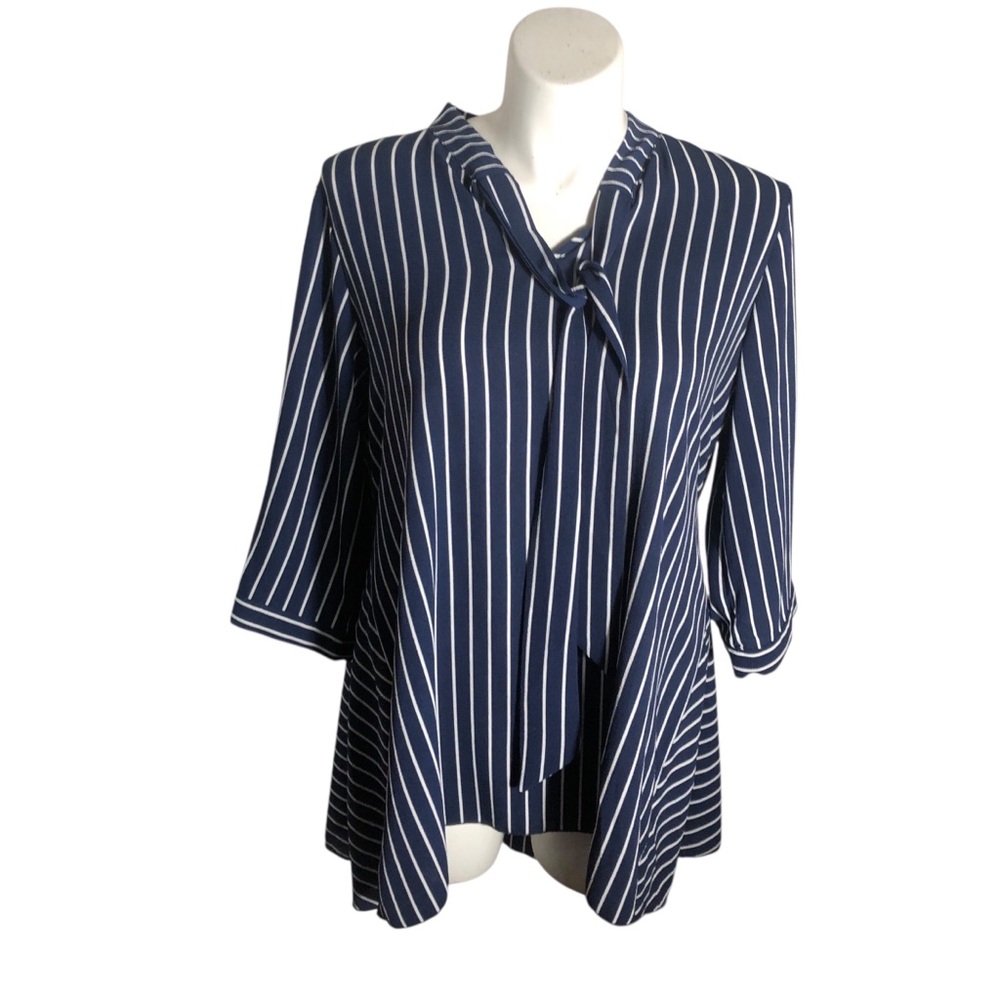 Suzanne Betro blue/white striped 3/4 sleeve chiffon asymmetrical tunic Sz 1X